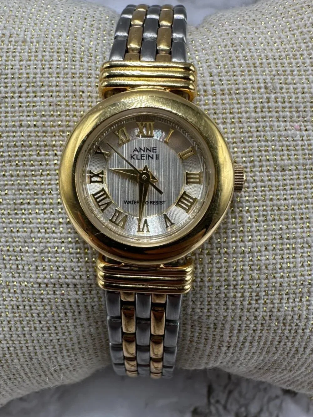 3/$30 Anne Klein Watch Women Silver Gold Two Tone Roman Numeral Dial Works 6.75